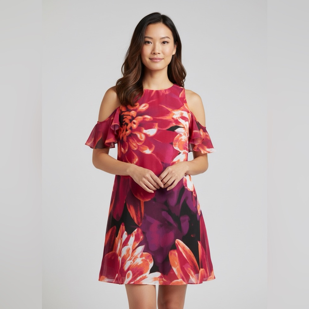 Kenzie Chiffon Cold Shoulder Floral Dress Womenโs 10โ $108 New